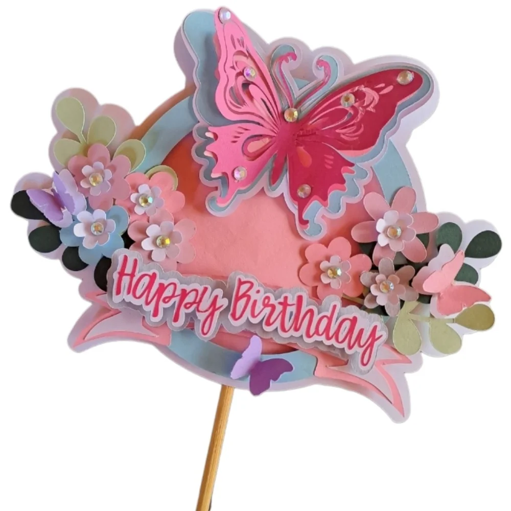 Custom Pink Cardstock Butterfly Happy Birthday Cake‎ Topper Party Decoration